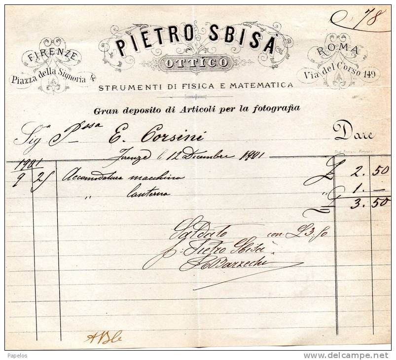 1901 FATTURA FIRENZE PIETRO SBISA  OTTICO  STRUMENTI DI  FISICA   E MATEMATICA - Italy