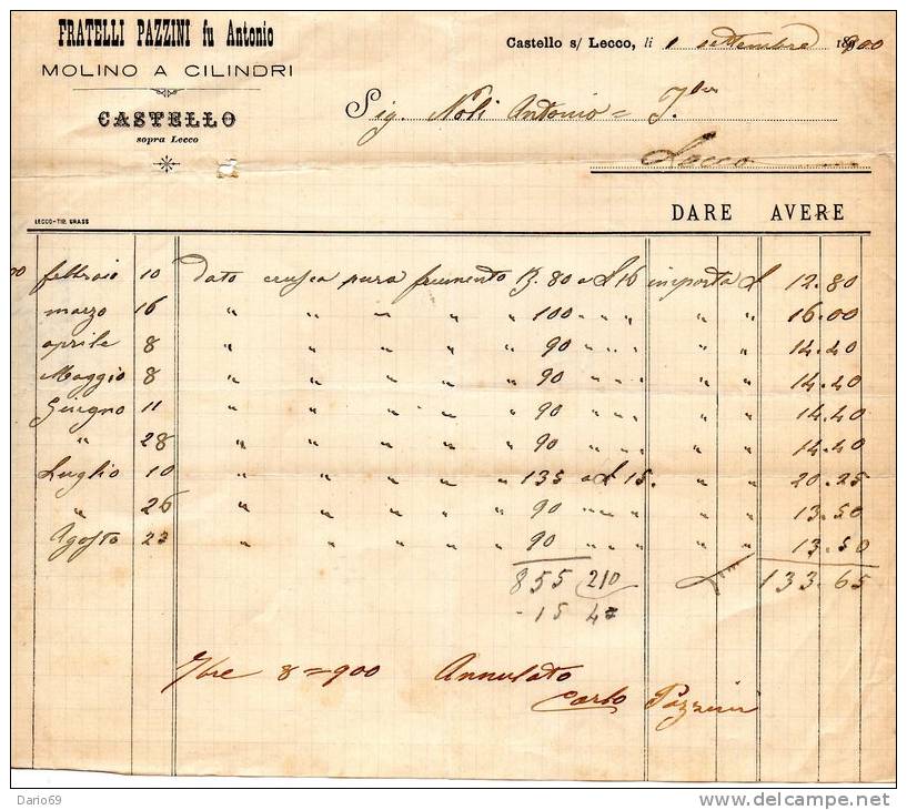 1900  FATTURA CASTELLO SOPRA LECCO MOLINO A CILINDRI - Italia