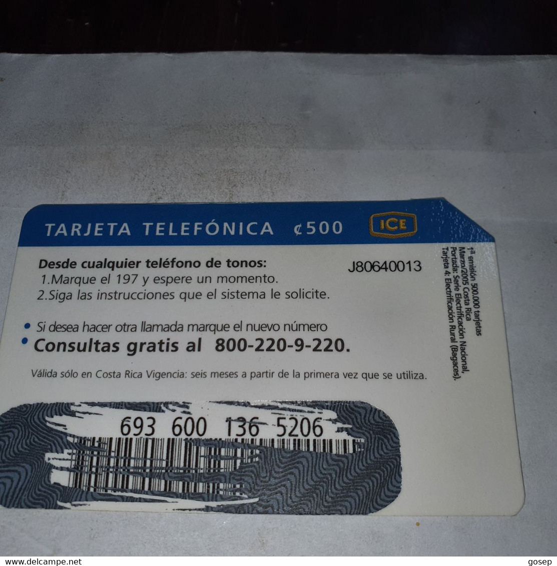 Costa Rica-ELECTRIFICACION RURAL-(1)-(c/500)-(693-600-136-5206)-tirage-500.000-used+1 Card Prepiad Free - Costa Rica