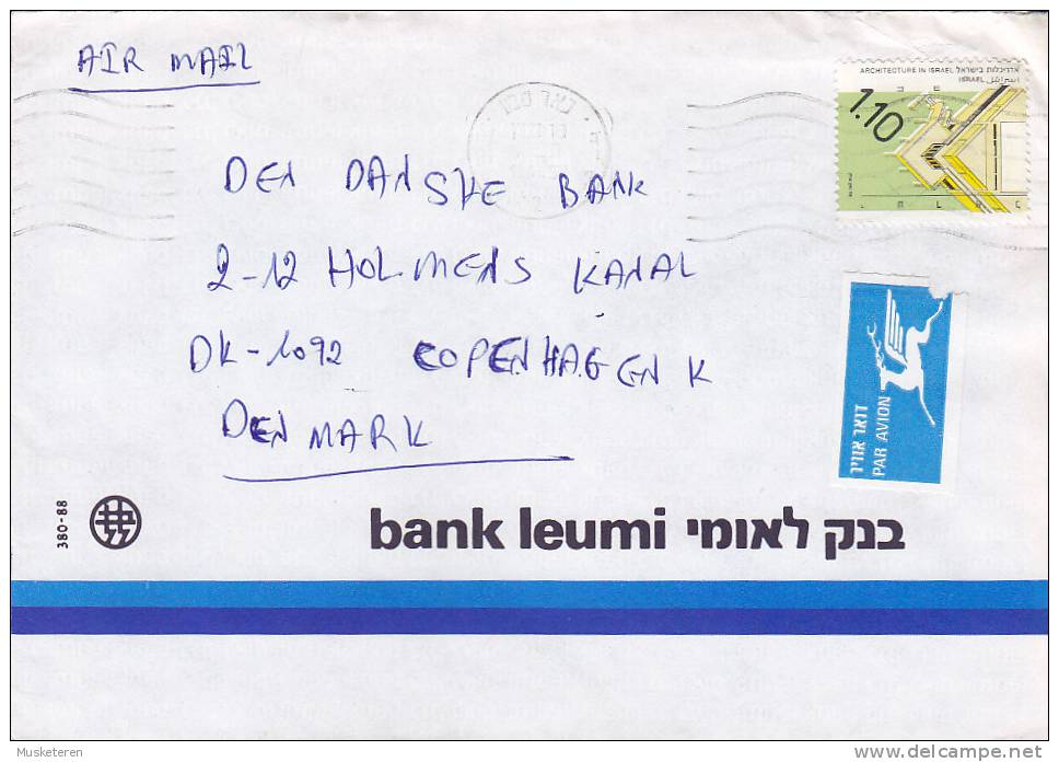 Israel Airmail Par Avion Label BANK LEUMI 1992 Cover To Denmark Architecture Stamp (2 Scans) - Airmail