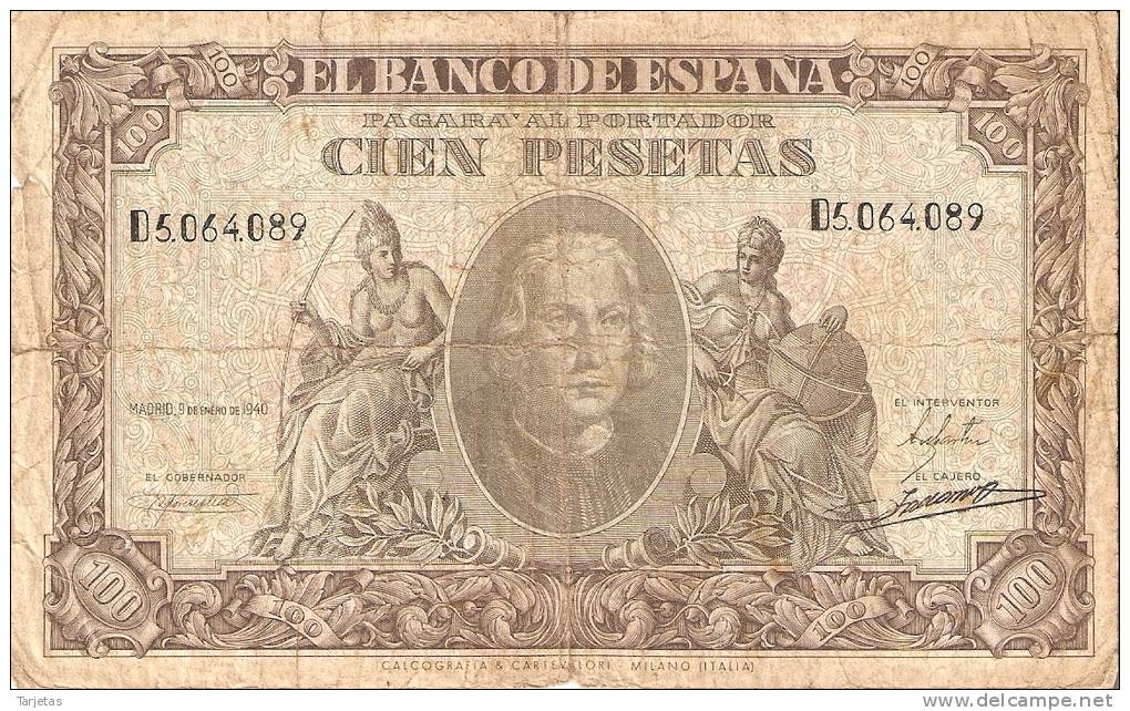 BILLETE DE ESPAÑA DE 100 PTAS DEL 9/01/1940 SERIE D  EN CALIDAD RC  (BANKNOTE) - 100 Peseten