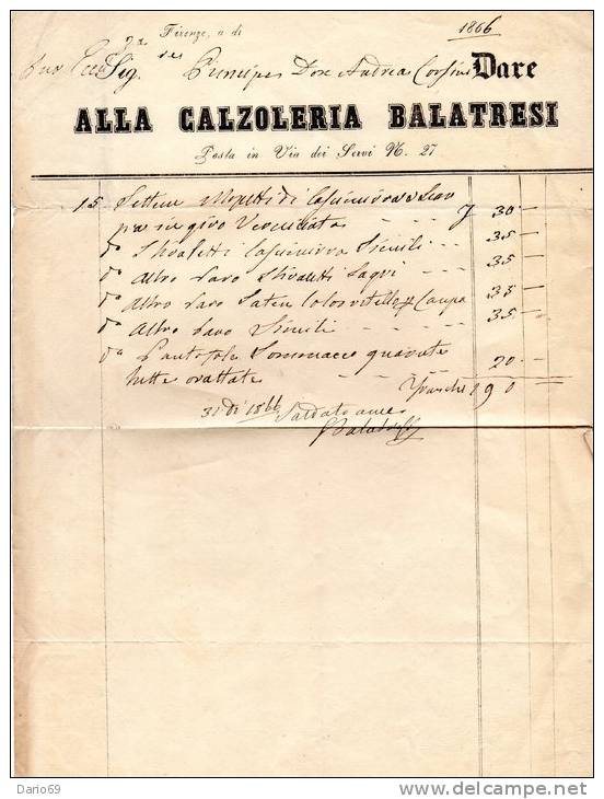 1866  FATTURA  FIRENZE CALZOLERIA BALATRESI  X  IL  PRINCIPE ANDREA CORSINI - Italia