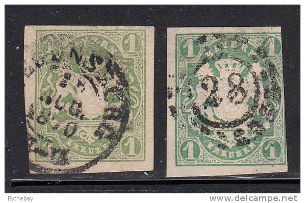 Bavaria Used Scott #15, #15a 1kr Coat Of Arms, Yellow Green And Dark Blue Green - Oblitérés