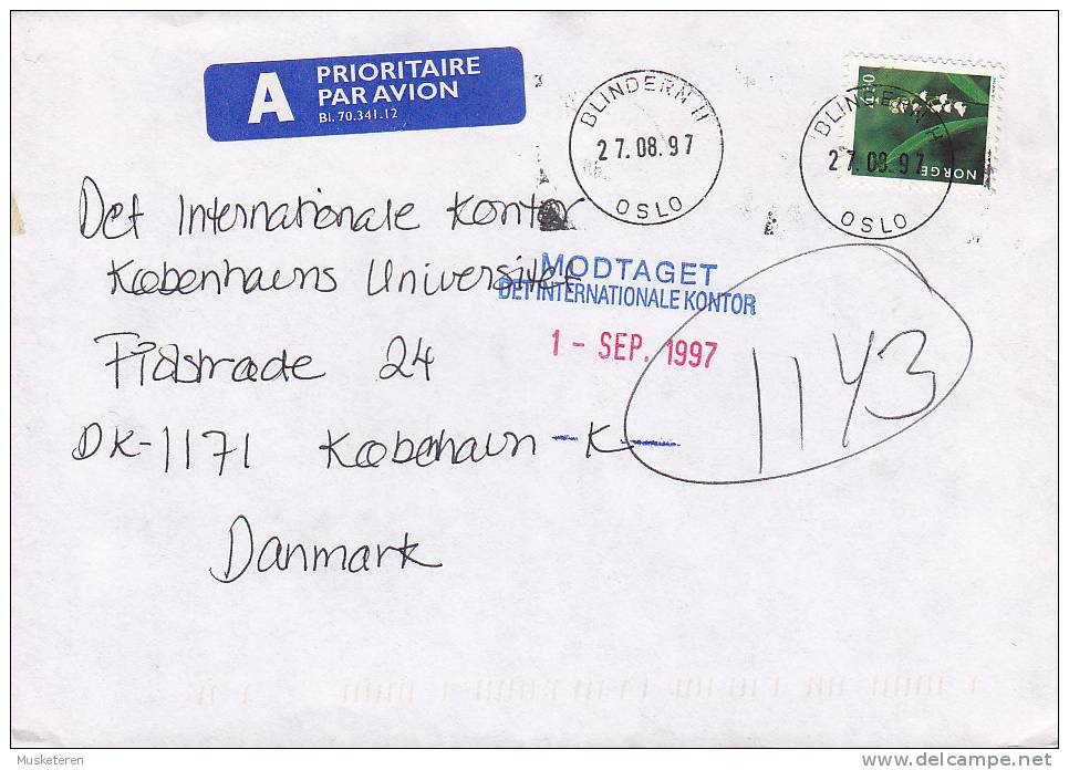 Norway A Prioritaire Airmail Par Avion Label BLINDERN H (Oslo) 1997 Cover Brief To Denmark Flower Blume - Lettres & Documents