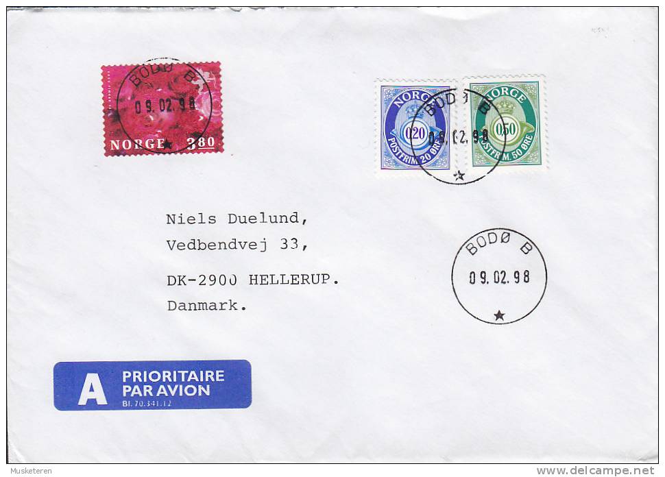 Norway A Prioritaire Airmail Par Avion Label BODØ B., 1998 Cover Brief HELLERUP Denmark Flower Rose Blume - Briefe U. Dokumente