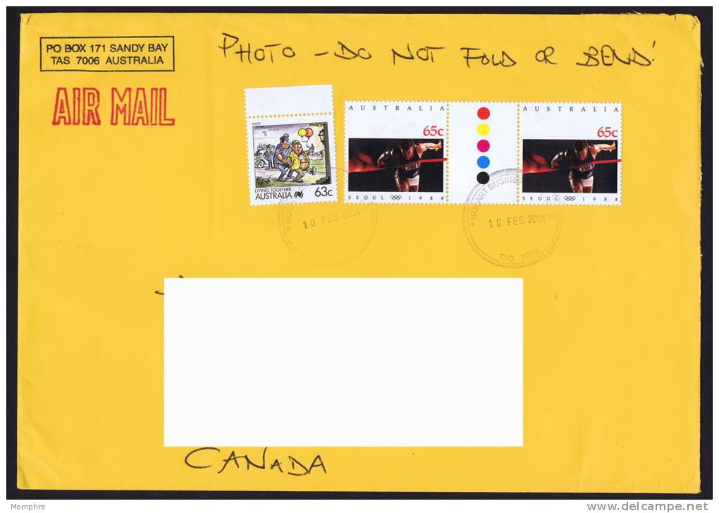 2004  Airmail Letter To Canada Living Together 63c Police Seoul Olympics 65c Gutter Pair - Cartas & Documentos