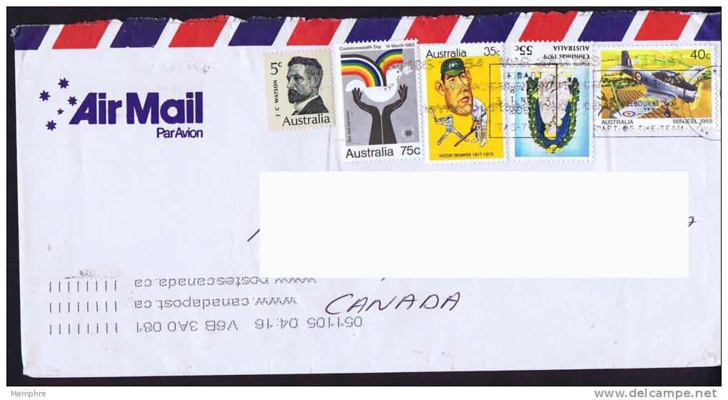 2005  Air Letter To Canada     Airplane, Criketeer, Christmas, Commonwealth Day,  JC Watson - Briefe U. Dokumente