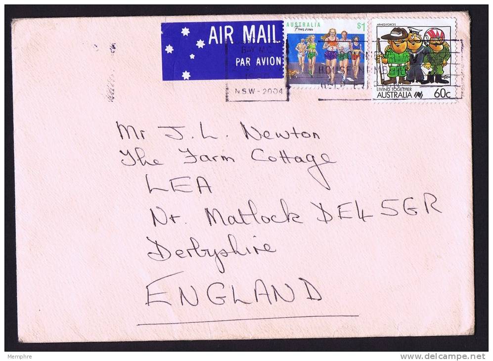 1990 Air Letter To England  Living Together 60c Armed Forces, Sports $1 Fun Run - Cartas & Documentos