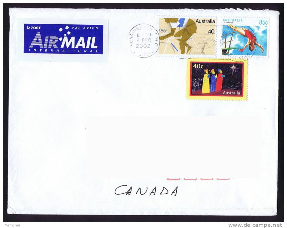 2002  Air Letter To Canada  40c Montreal Olympics Cycling, 85c Sports Diving, 40c Christmas - Brieven En Documenten