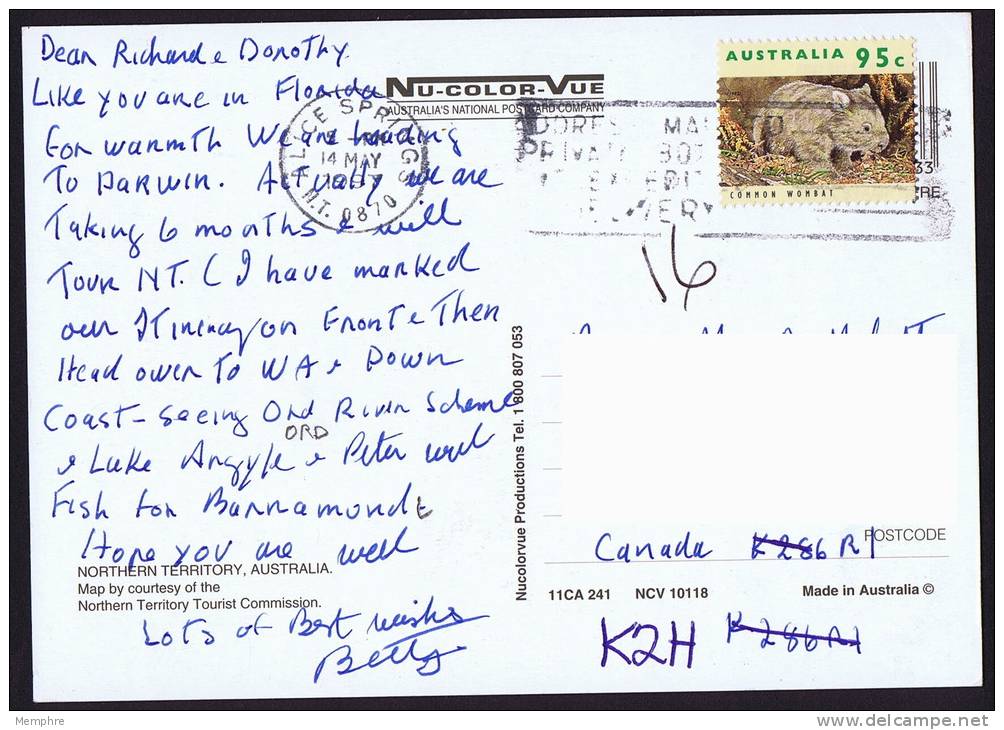 1997 Postcard To Canada 95c Wombat - Brieven En Documenten