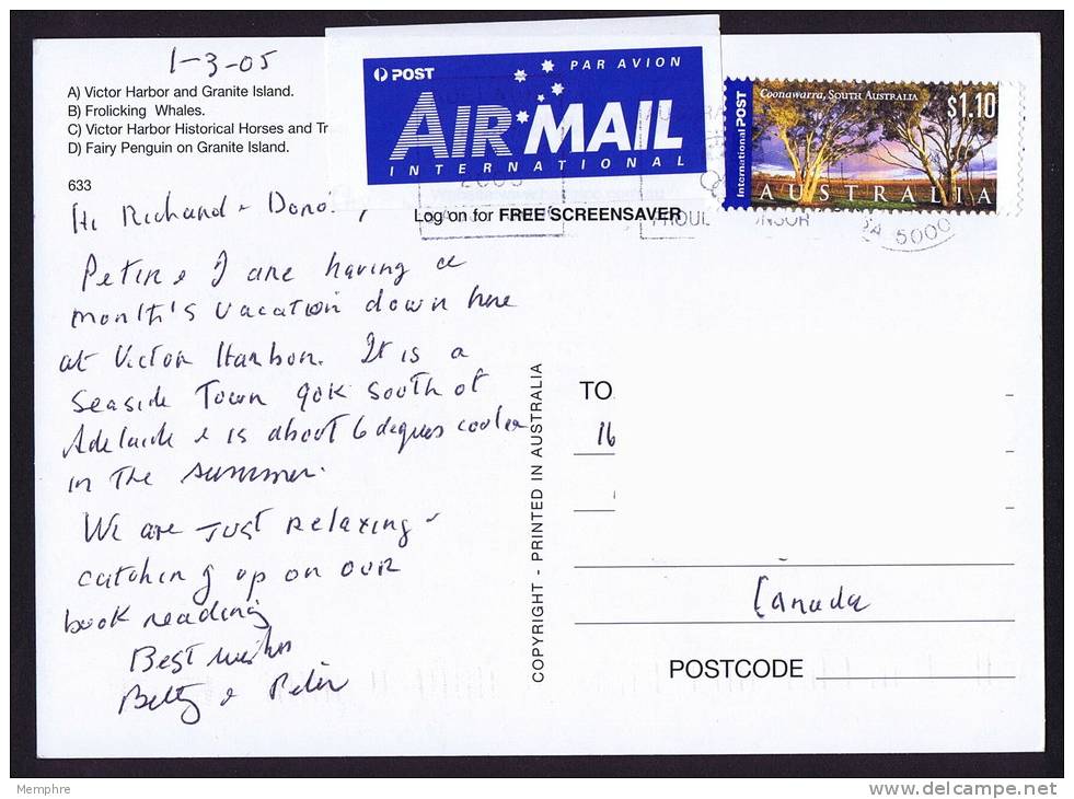 2005  Postcard To Canada International $1.10  Coonawarra, SA - Storia Postale