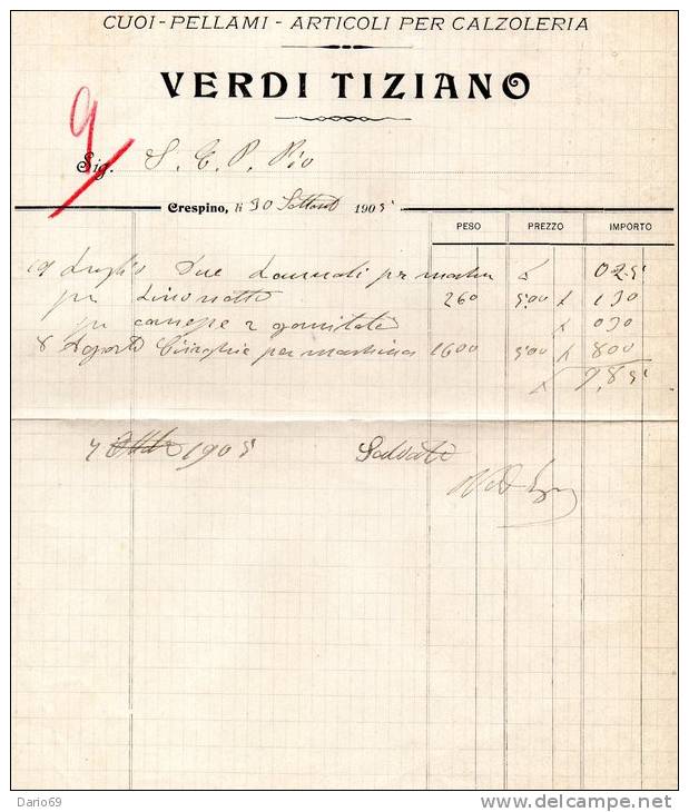 1905  FATTURA CRESPINO CUOI . PELLAMI - ARTICOLI PER CALZOLERIE - Italia