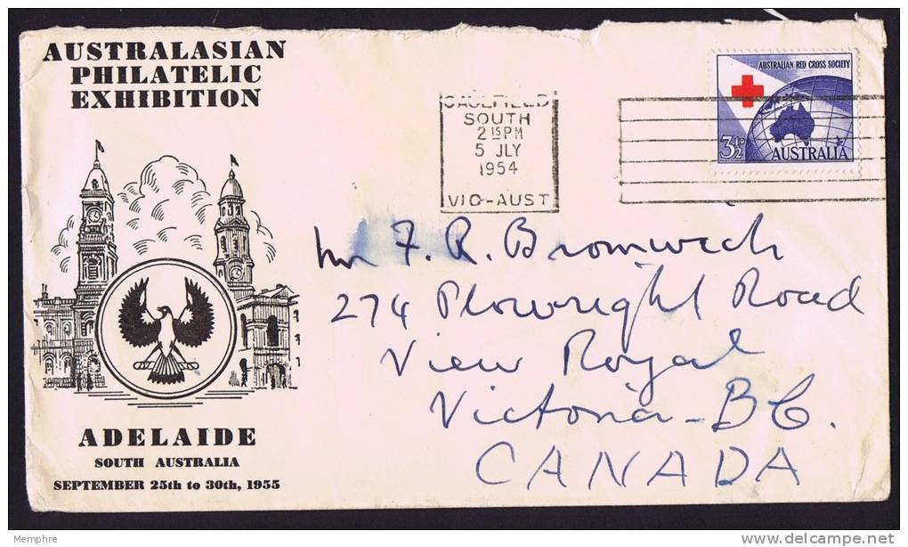 1954  Letter From Australasian Philatelic Exhibition To Canada SG 276 Red Cross, Exhibition Label On Back - Storia Postale