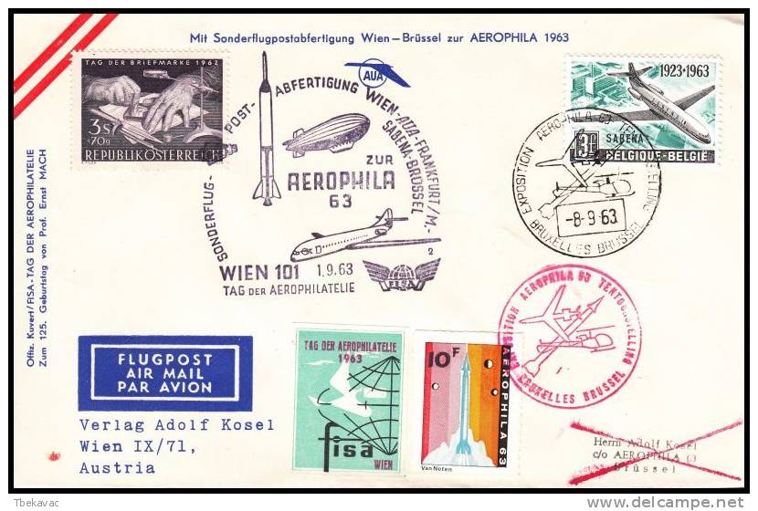 Austria 1963, Airmail Cover Wien - Frankfurt - Brussels, Special Flight "AEROPHILA 1963" - Autres & Non Classés