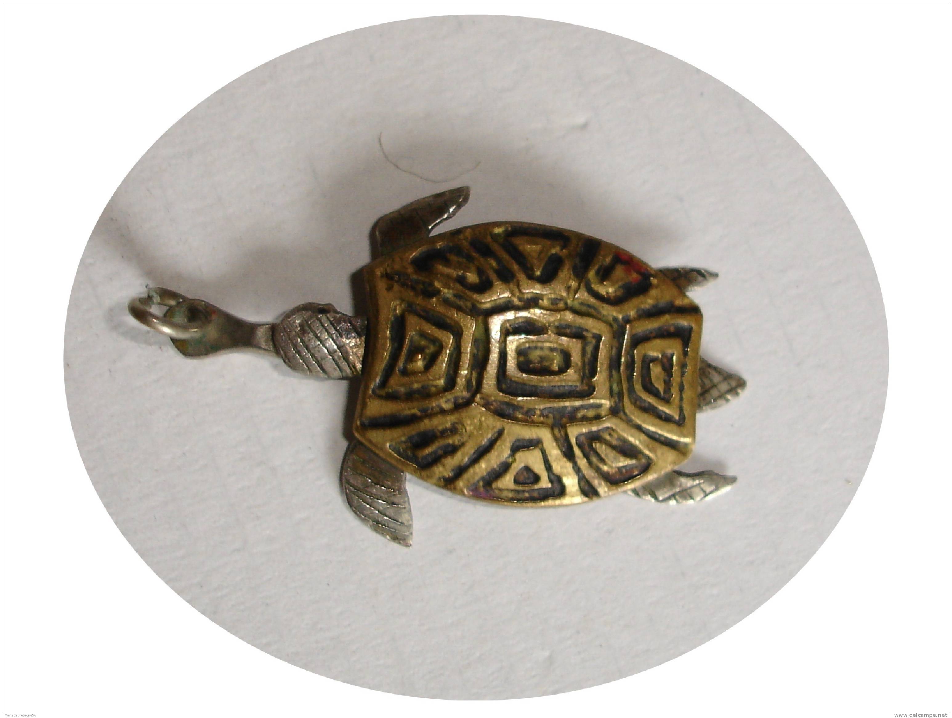 T/PENDENTIF BICOLORE LAITON CISELé & ARGENTé&#10048;TORTUE DE TERRE&#10047;ARTISANAL - Pendants