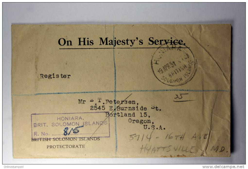 British Solomon Island Protectorate Registered Mail, On Her Majesty´s Service 1951 To USA, Very Nice Cancels - Salomonen (...-1978)