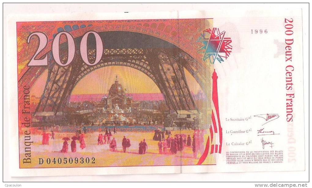 Billet 200 Francs Gustave Eiffel 1996 état TTB  [B016] - 200 F 1995-1999 ''Eiffel''