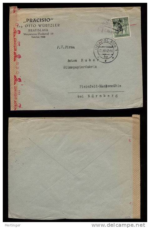 Slowakei Slovakia 1942 Censor Cover To Pleinfeld  Germany - Briefe U. Dokumente