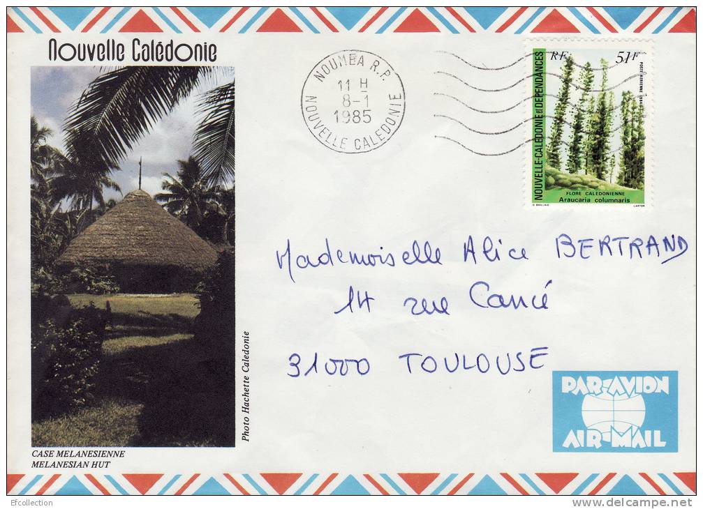 NOUVELLE CALEDONIE NOUMEA 1985 CASE MELANESIENNE FLORE CALEDONIENNE LETTRE PAR AVION STAMP TIMBRE MARCOPHILIE - Brieven En Documenten