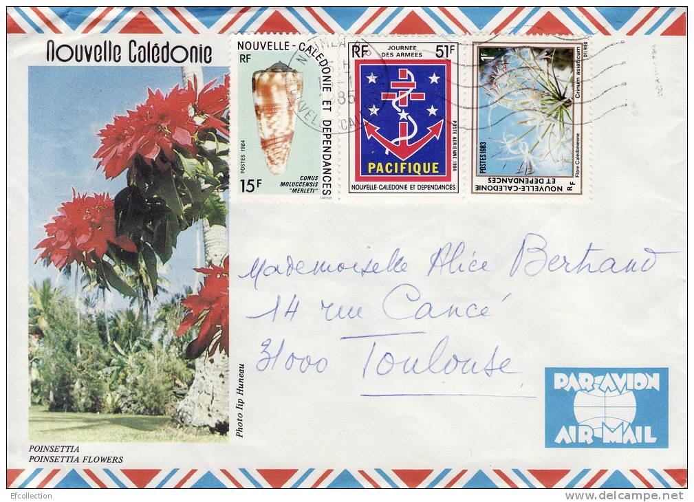 NOUVELLE CALEDONIE NOUMEA 1985 POINSETTIA COQUILLAGE JOURNEE DES ARMEES FLORE LETTRE PAR AVION STAMP TIMBRE MARCOPHILIE - Brieven En Documenten