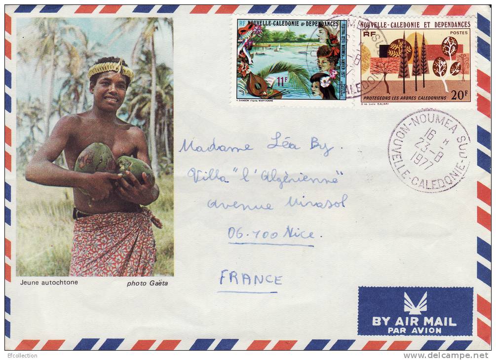 NOUVELLE CALEDONIE NOUMEA 1977 JEUNE AUTOCHTONE PLAGE DES ILES PAR AVION STAMP TIMBRE MARCOPHILIE 2 SCANS - Lettres & Documents