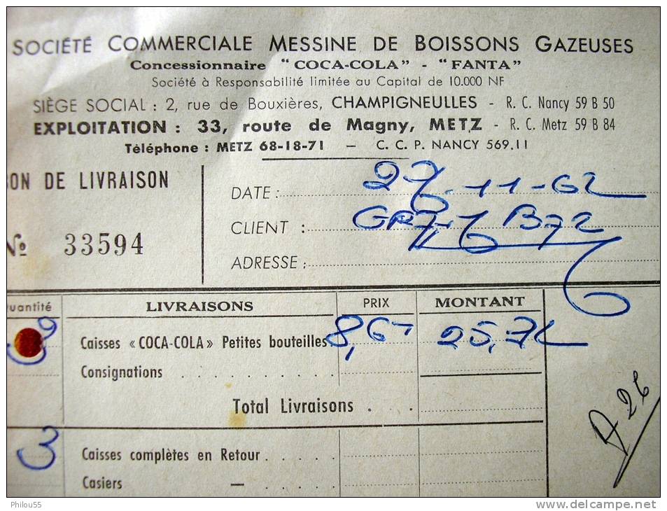 54 57 Societe Commercial  Messine De Boissons Gazeuses  Concessionnaire COCA COLA FANTA - Invoices