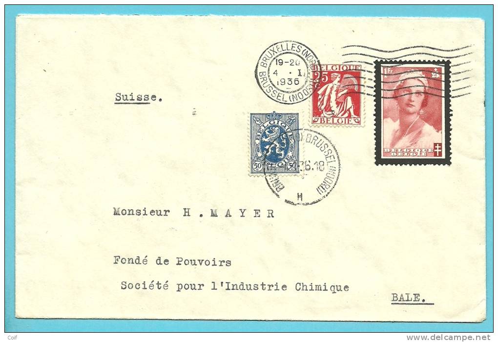 285+339+416 (toeslagzegel / Timbre Surtaxe) Op Brief Met Stempel BRUXELLES Naar Bale (Suisse) - 1932 Ceres And Mercurius