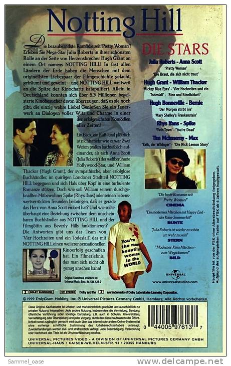 VHS Video ,  Notting Hill  -  Die Bezaubernste Komödie Seit "Pretty Woman"! - Mit Julia Roberts , Hugh Grant - Lovestorys