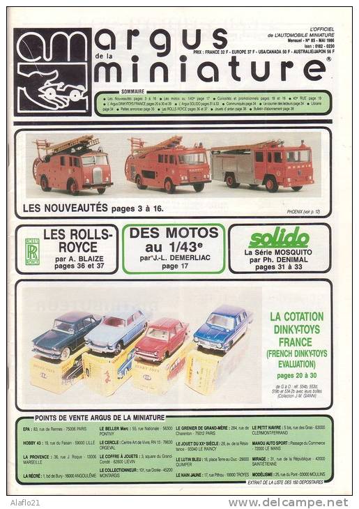 ARGUS De La MINIATURE N° 85 - Excellent état - Cotation Dinky Toys France Et Solido - Catalogues