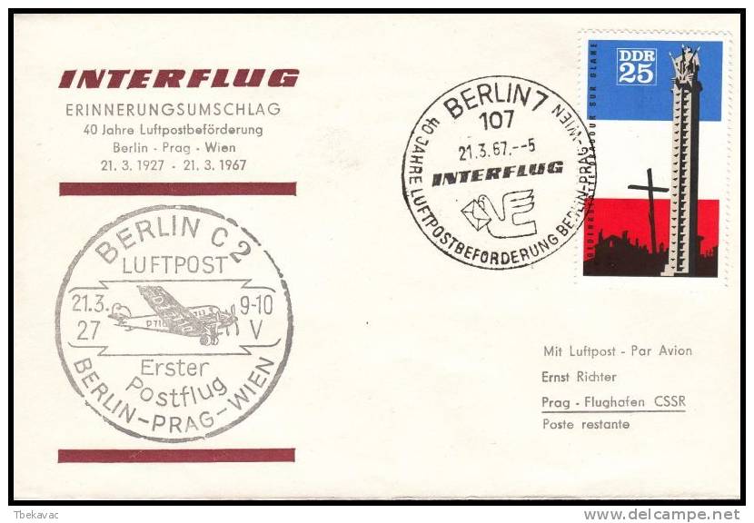 Germany GDR 1967, Airmail Cover Berlin To Praha, First Post-flight - Lettres & Documents