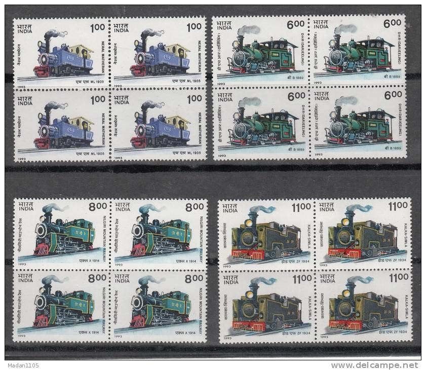 INDIA 1993 Mountain Locomotives, 4v, Complete Set,in Blocks Of 4, MNH(**) - Neufs
