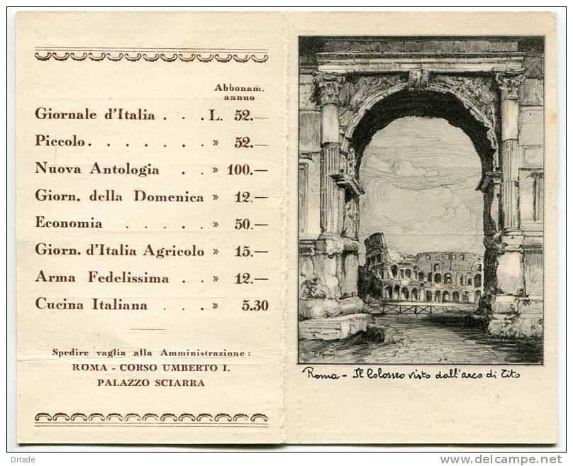 CALENDARIO ANNO 1915 ROMA IL COLOSSEO GIORNALE D'ITALIA PICCOLO NUOVA ANTOLOGIA ARMA FEDELISSIMA CUCINA ITALIANA - Petit Format : 1901-20