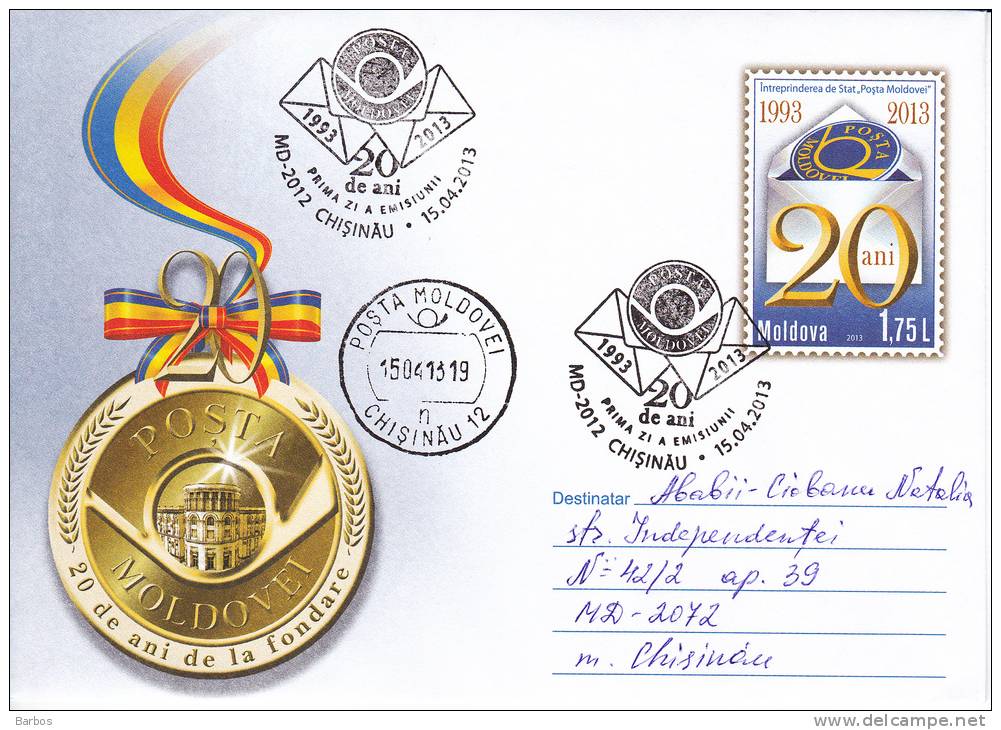 Moldova  Moldavie  Moldau 2013 ; Prep. Envelope ; 20y Of The Post Of Modova ; FDC.Used. - Moldavia