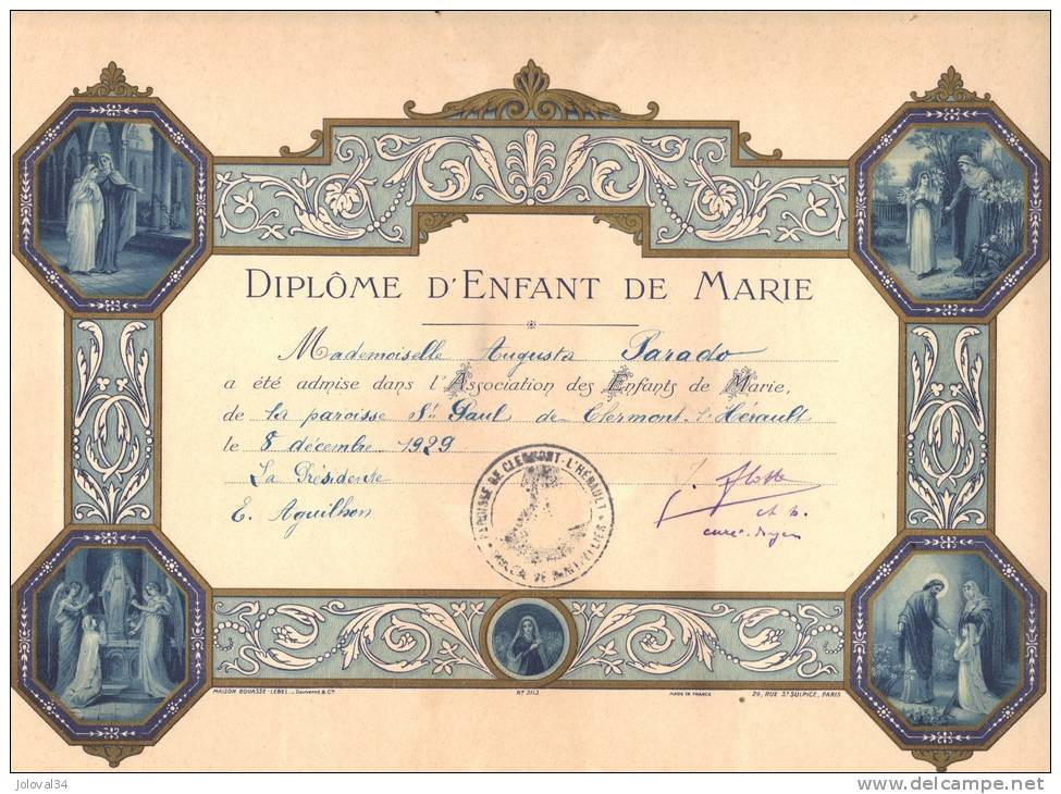 Diplome D´ ENFANT De MARIE - Clermont L´ Hérault 1929 Format 22 X 31 Cm - Religion Belle Gravure - Religion & Esotérisme