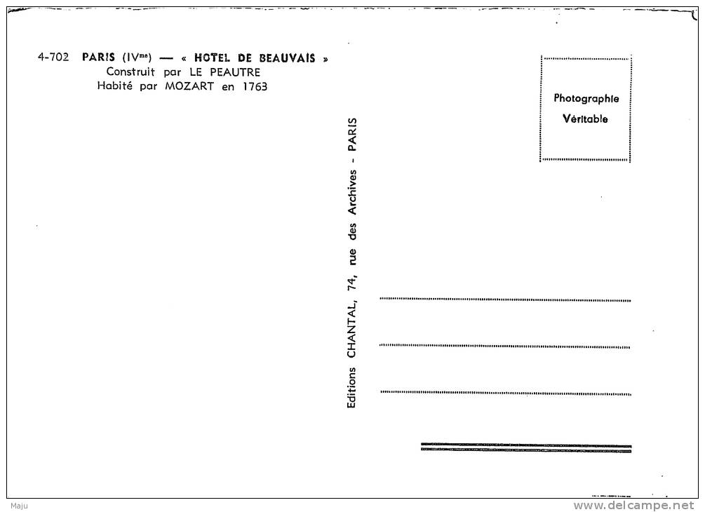 PARIS  HOTEL DE BEAUVAIS CONSTRUIT PAR LE PEAUTRE HABITE PAR MOZART SCANS RECTO VERSO - Andere Monumenten, Gebouwen