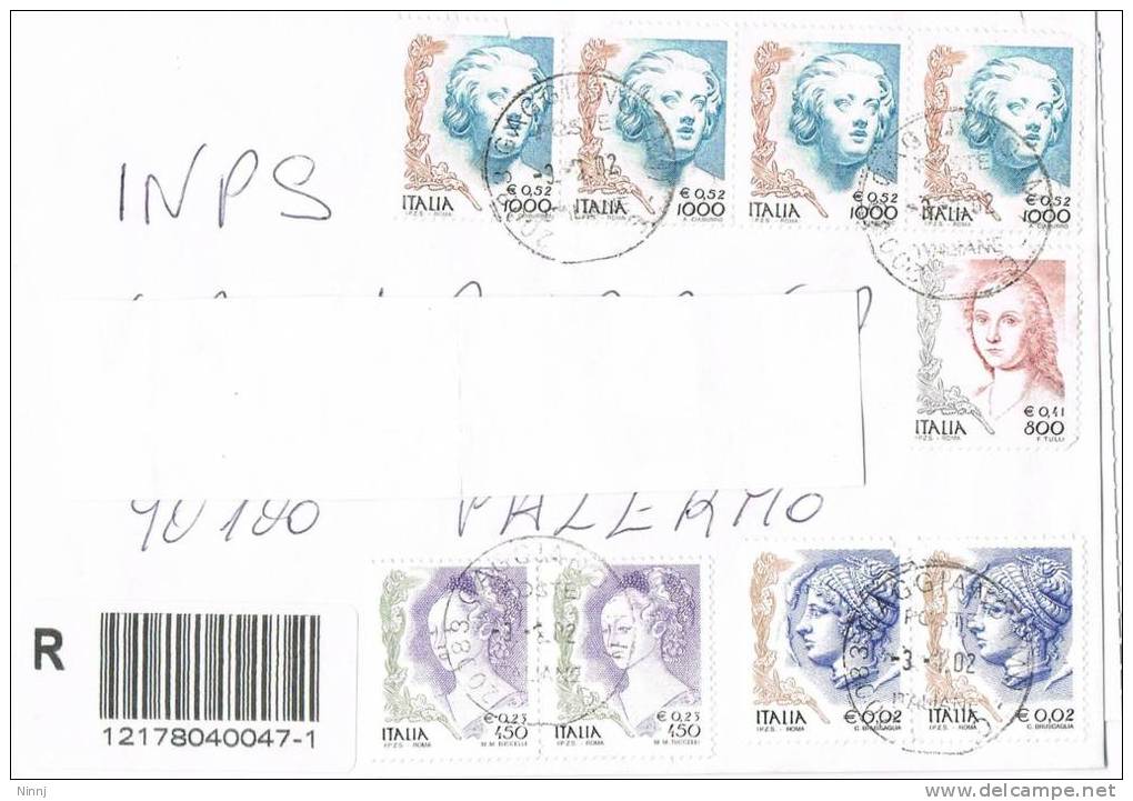 1114- Italia Storia Postale 3.1.02  Racc. Affrancata Con 9 Valori  La Donna Nell´Arte - 2001-10: Marcophilia