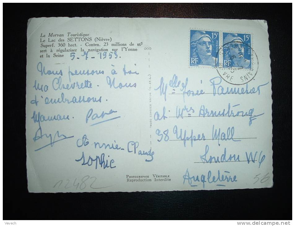 CP POUR ANGLETERRE TP MARIANNE DE GANDON 15F X2 OBL. 5-7-1953 (58 NIEVRE) - 1945-54 Marianne Of Gandon