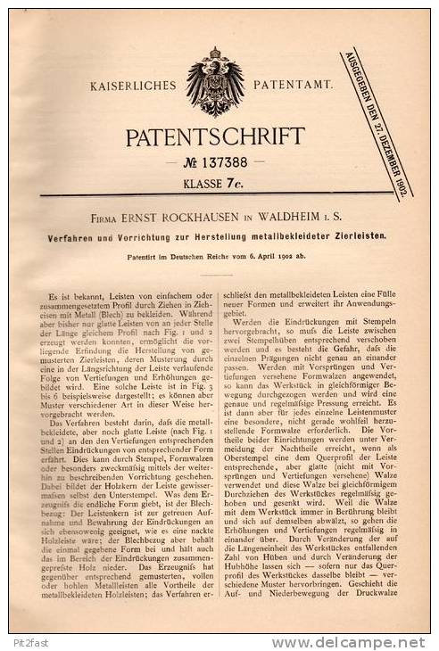 Original Patentschrift - E. Rockhausen In Waldheim I.S., 1902 , Zierleisten Mit Metallkleid , Verzierung !!! - Historische Dokumente