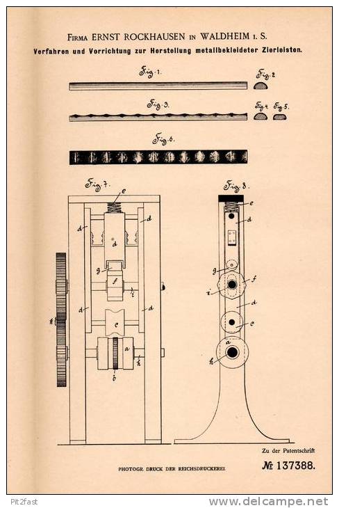 Original Patentschrift - E. Rockhausen In Waldheim I.S., 1902 , Zierleisten Mit Metallkleid , Verzierung !!! - Historical Documents