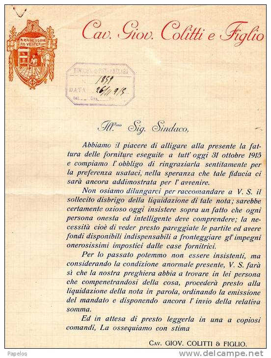 1915  FATTURA CAV. GIOV.  COLITTI  E FIGLIO - Italia