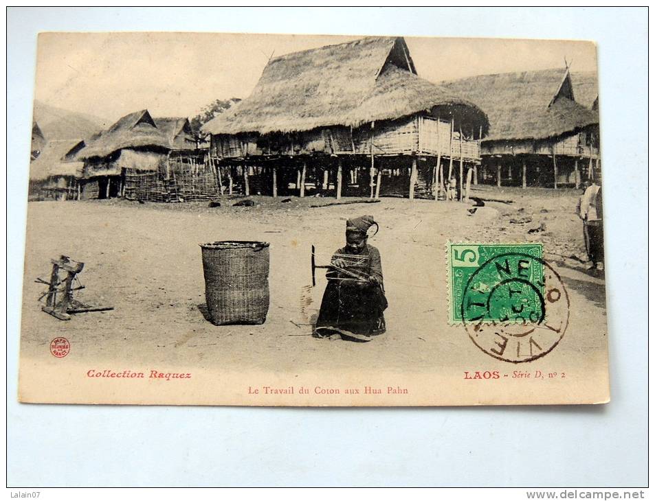 Carte Postale Ancienne : LAOS : Le Travail Du Coton Aux Hua Pahn, Timbre - Laos