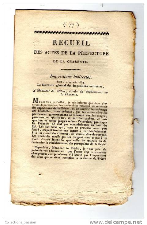 Ced , Recueil Des Actes De La Préfecture De La Charente  , Poids Et Mesures , 1814 , N° 76 , 4 Pages - Décrets & Lois