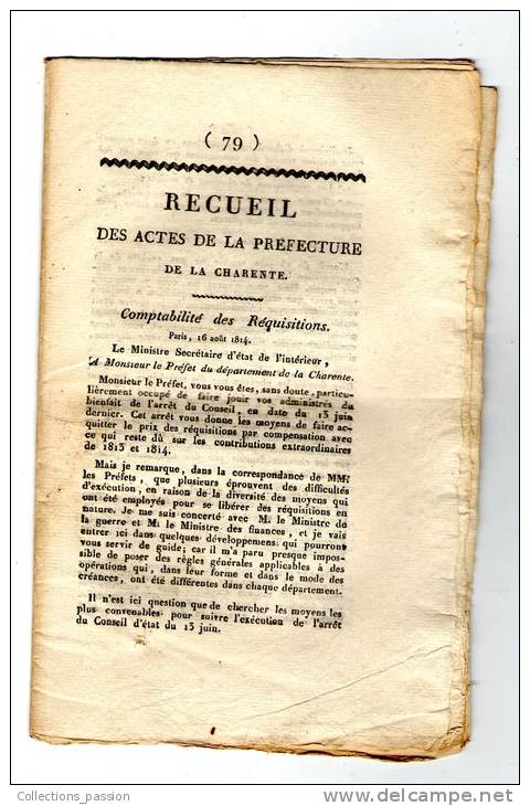 Ced , Recueil Des Actes De La Préfecture De La Charente  , 1814 , N° 79 , 14 Pages , Frais Fr : 1.60€ - Décrets & Lois