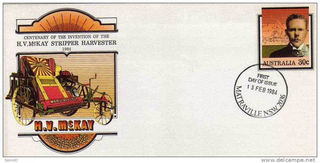 AUSTRALIA Australie 1984 McKay Stripper Harvester Voiture Ancienne FDC - Postwaardestukken