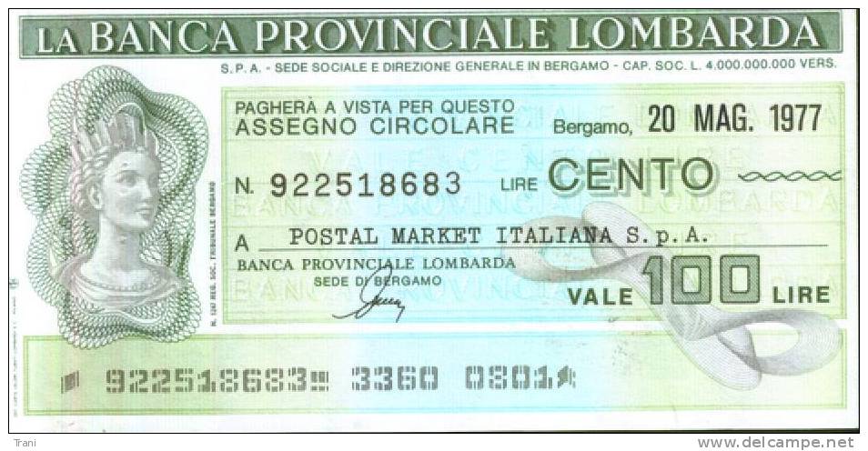 BANCA PROVINCIALE LOMBARDA BERGAMO - Lire 100 A POSTAL MARKET - [10] Chèques
