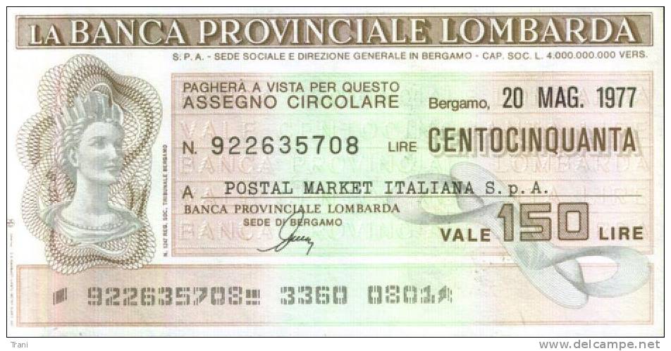 BANCA PROVINCIALE LOMBARDA - BERGAMO - Lire 150 A POSTAL MARKET - [10] Chèques