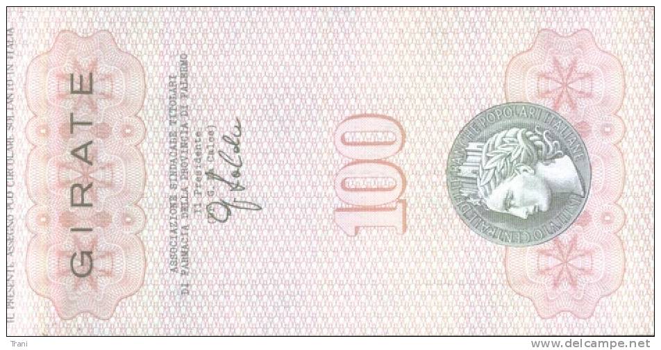 ISTITUTO CENTRALE DELLE BANCHE POPOLARI ITALIANE - PALERMO - Lire 100 - [10] Chèques