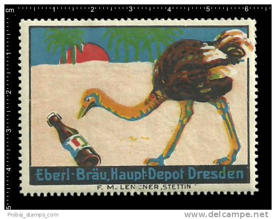 Old Original German Poster Stamp Advertising Cinderella Reklamemarke - Eberl Beer Bier Strauß Ostrich - Ostriches