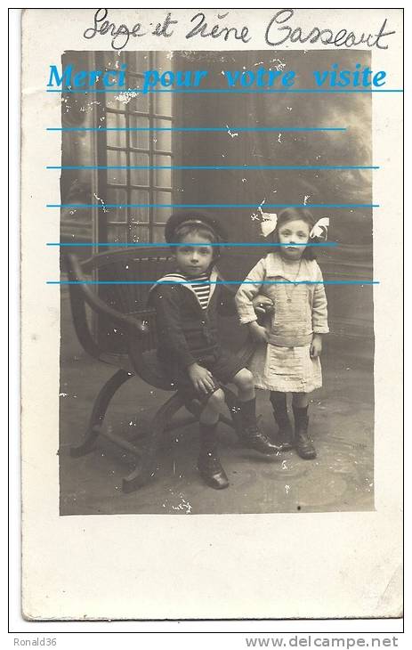 Cpp Enfant Serge Et Irène CASSEAUT  Fillette Petite Fille Garcon ( Robe Costume De Marin Fauteuil ) Cliché Dep 37 - Genealogy