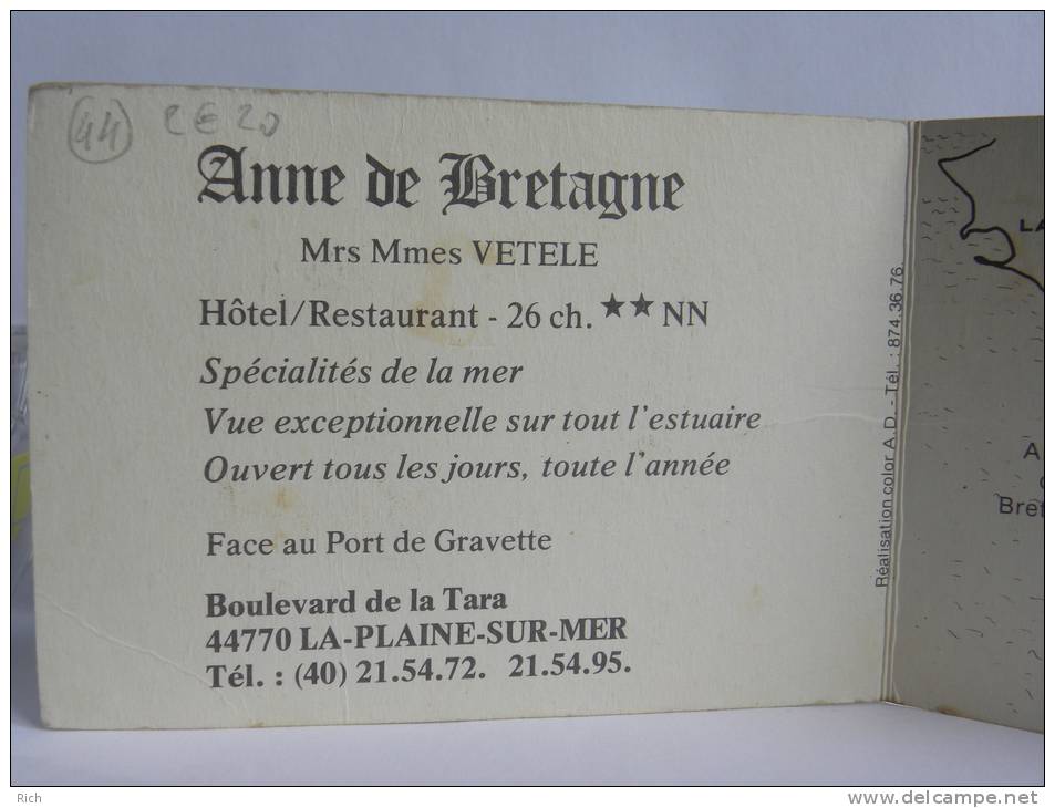 (44) Loire Atlantique - LA PLAINE SUR MER - Carte Commerciale 7,5cm X (10,6x2) Hôtel Anne De Bretagne - Mrs Mmes VETELE - La-Plaine-sur-Mer